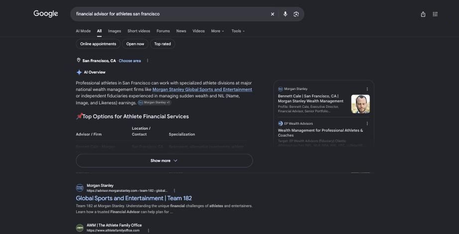 Google AI Overview for financial advisor for athletes san francisco citing a colleague