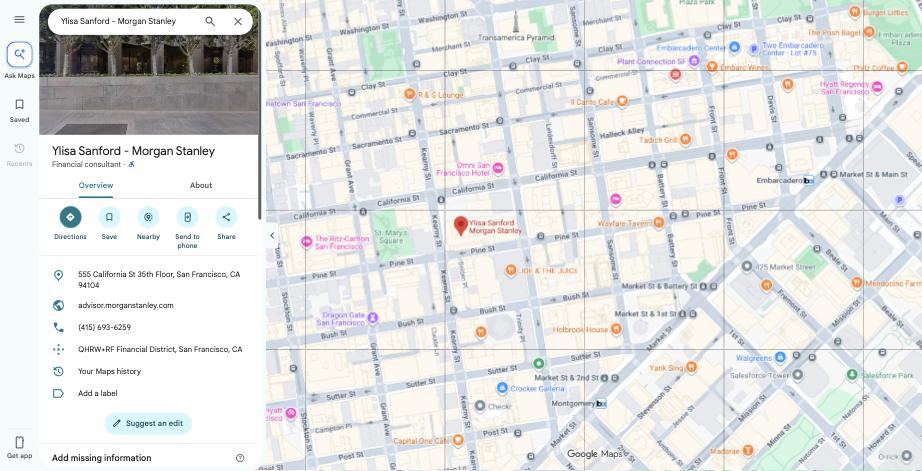 Google Maps listing for Ylisa Sanford - Morgan Stanley with no photos, hours or reviews