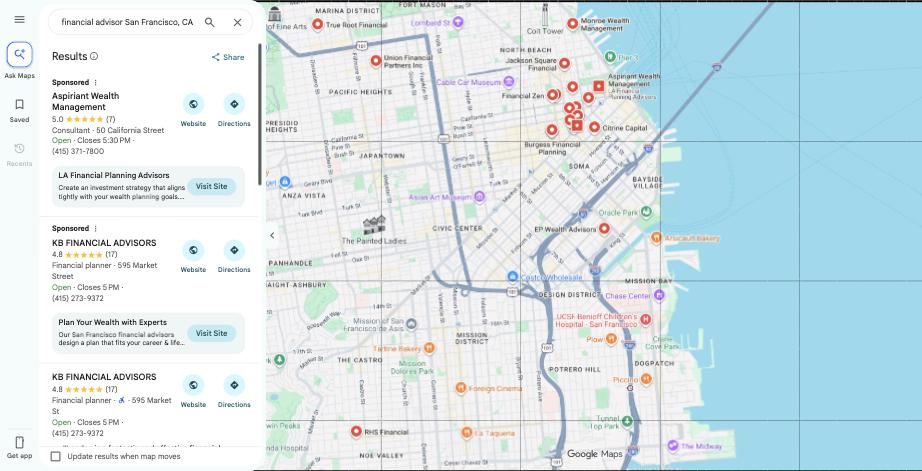 Google Maps results for financial advisor San Francisco