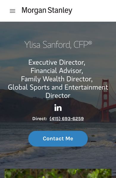 Ylisa Sanford's Morgan Stanley profile on a phone: titles, direct line and Contact Me button